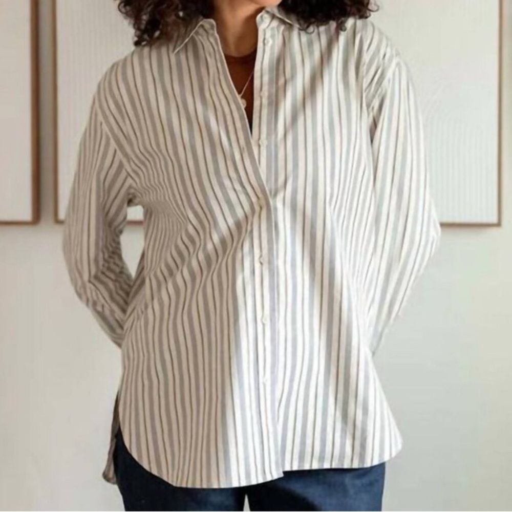 NWT Voyageur by Mersea | Women's Vertical Stripe‎ Ecru Gold Cotton Shirt Large